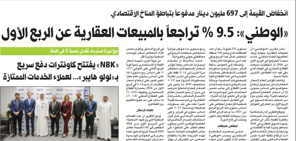 Picture of «الوطني»: 9.5 في المئة تراجعاً بالمبيعات العقارية عن الربع الأول