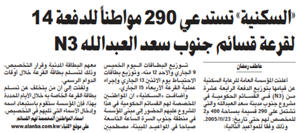 Picture of «السكنية» تستدعي 290 مواطناً للدفعة 14 لقرعة قسائم جنوب سعد العبدالله N3