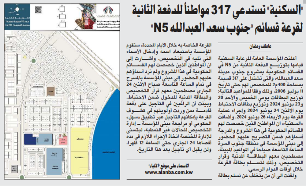 Picture of «السكنية» تستدعي 317 مواطناً للدفعة الثانية لقرعة قسائم «جنوب سعد العبدالله N5»