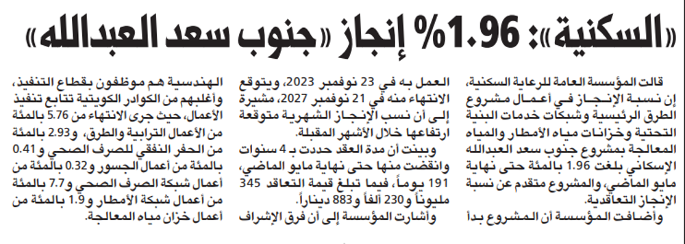 Picture of «السكنية»: 1.96% إنجاز «جنوب سعد العبدالله»