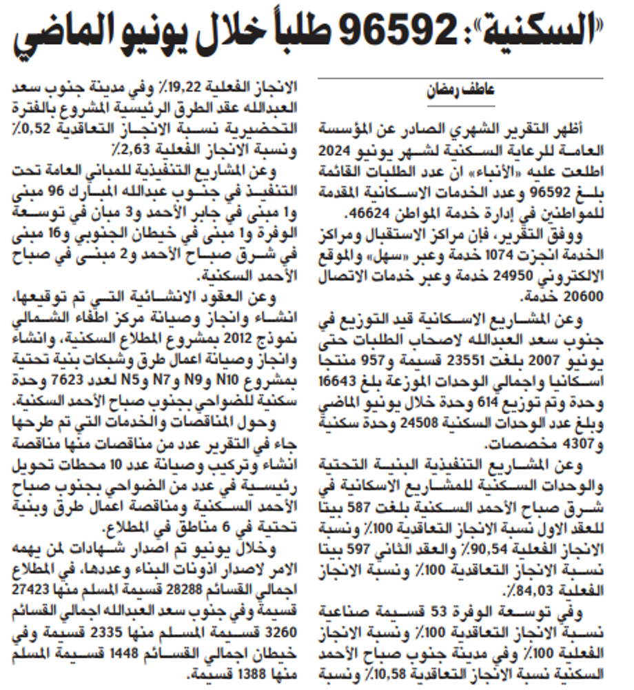 Picture of «السكنية»: 96592 طلباً خلال يونيو الماضي