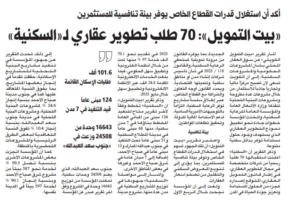 «بيت التمويل»: 70 طلب تطوير عقاري لـ«السكنية»