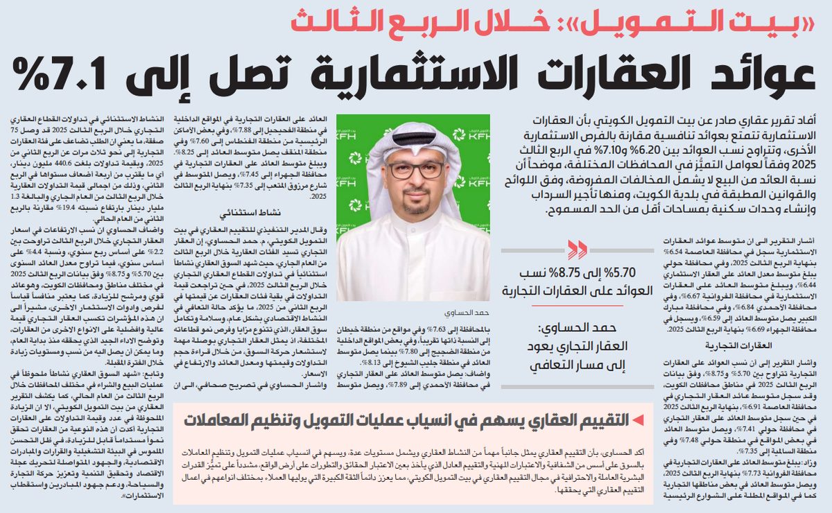 «بيت التمويل»: عوائد العقارات الاستثمارية تصل إلى 7.1% خلال الربع الثالث  