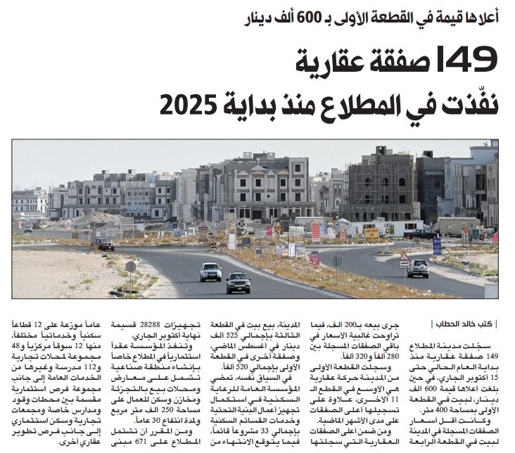 149 صفقة عقارية نفّذت في المطلاع منذ بداية 2025  