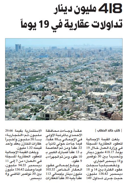 418 مليون دينار تداولات عقارية في 19 يوماً  