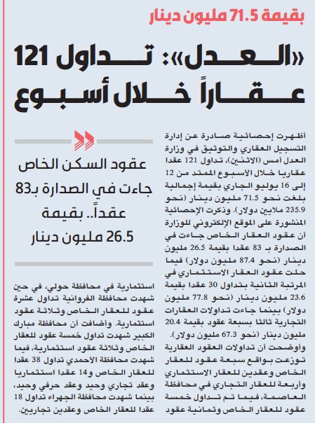«العدل»: تداول 121 عقاراً خلال أسبوع