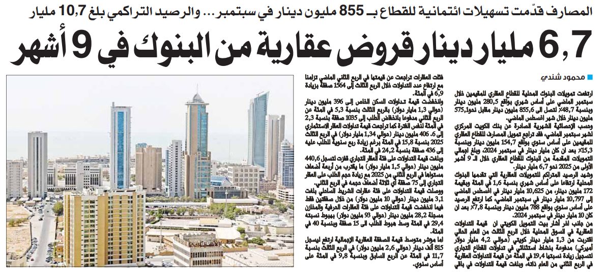6.7 مليار دينار قروض عقارية من البنوك في 9 أشهر  