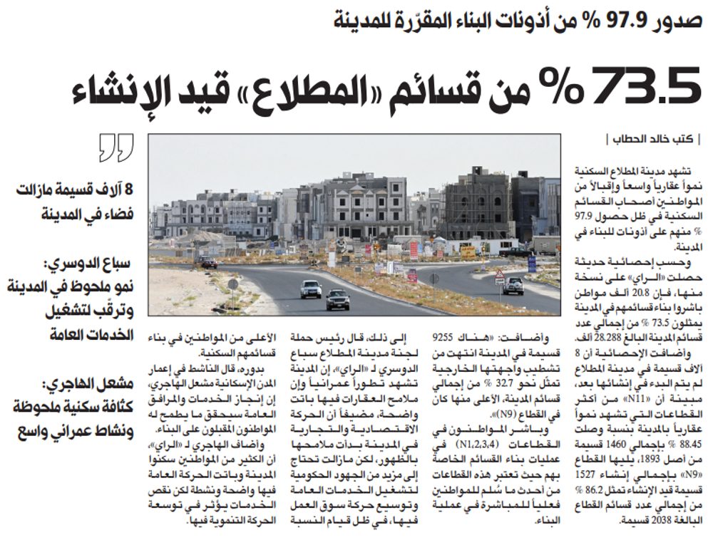 73.5 % من قسائم «المطلاع» قيد الإنشاء