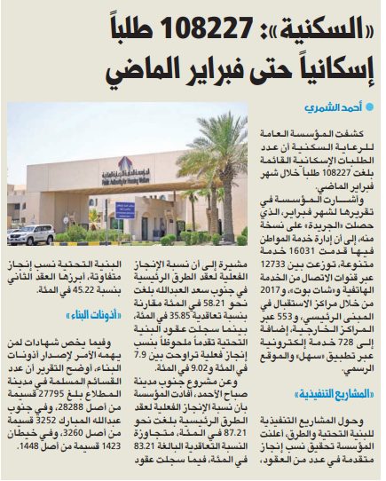 «السكنية»: 108227 طلباً إسكانياً حتى فبراير الماضي 
