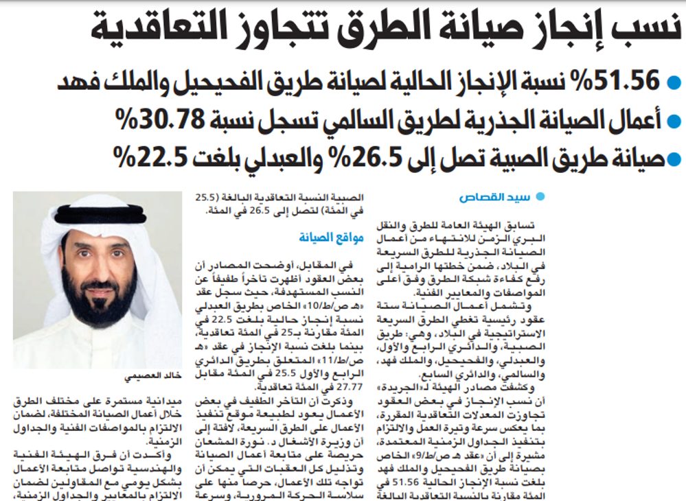 نسب إنجاز صيانة الطرق تتجاوز التعاقدية