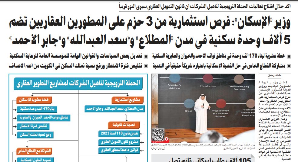 وزير «الإسكان»: فرص استثمارية من 3 حزم على المطورين العقاريين تضم 5 آلاف وحدة سكنية في مدن «المطلاع» و«سعد العبدالله» و«جابر الأحمد»