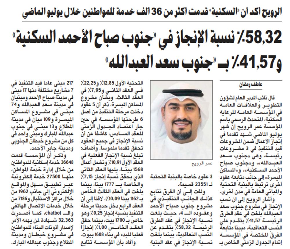 58.32 % نسبة الإنجاز في «جنوب صباح الأحمد السكنية» و41.57% بـ «جنوب سعد العبدالله»