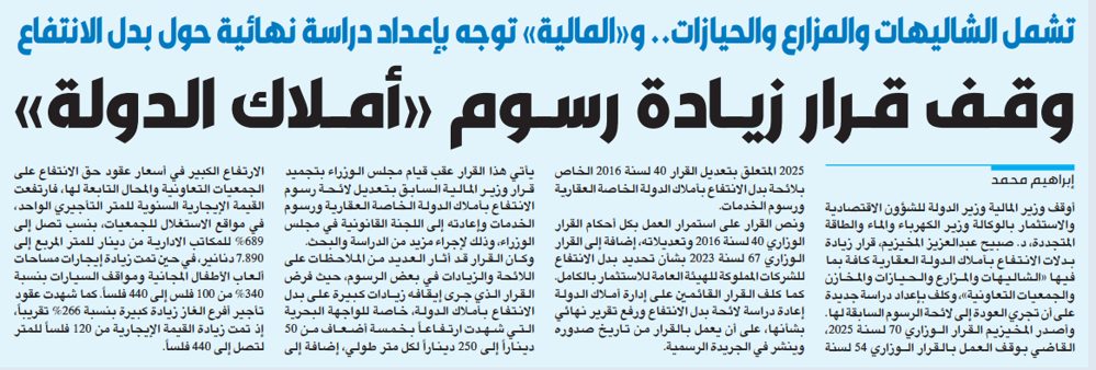 وزارة المالية توقف قرار زيادة الرسوم على الشاليهات والمزارع والحيازات
