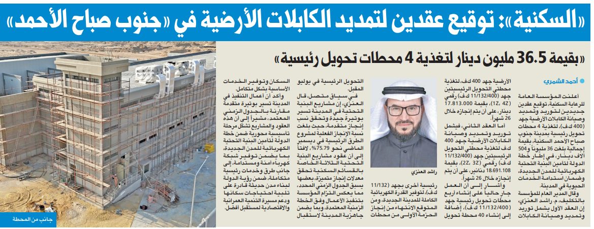 «السكنية»: توقيع عقدين لتمديد الكابلات الأرضية في «جنوب صباح الأحمد»  