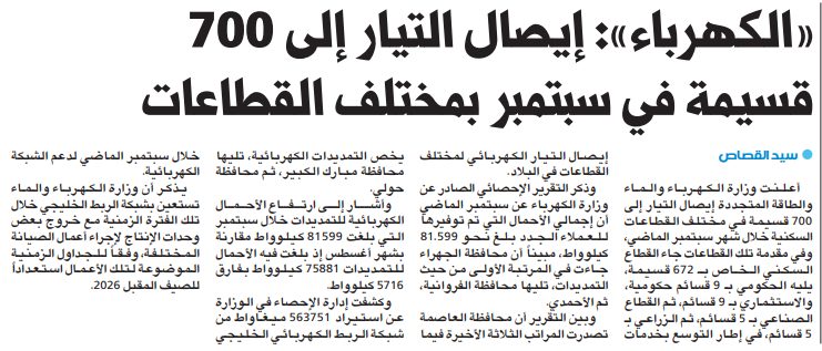 «الكهرباء»: إيصال التيار إلى 700 قسيمة في سبتمبر بمختلف القطاعات  