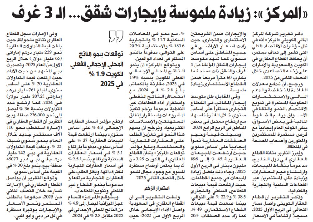 «المركز»: زيادة ملموسة بإيجارات شقق... الـ 3 غرف