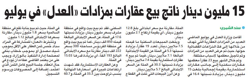 15 مليون دينار ناتج بيع عقارات بمزادات «العدل» في يوليو 