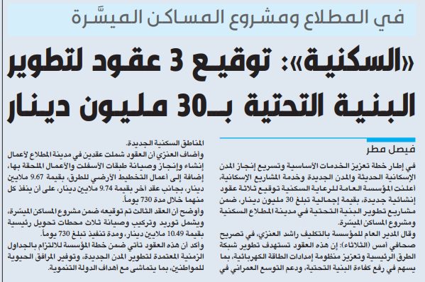 «السكنيـة»: توقيــع 3 عقـود لتطوير البنية التحتية بـ30 مليون دينار 