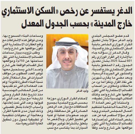 الدغر يستفسر عن رخص «السكن الاستثماري خارج المدينة» بحسب الجدول المعدل