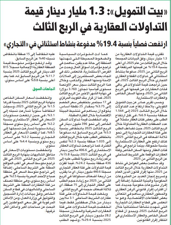 «بيت التمويل»: 1.3 مليار دينار قيمة التداولات العقارية في الربع الثالث 