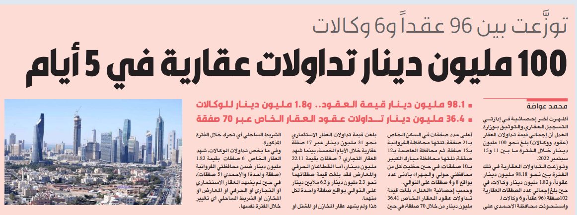 100 مليون دينار تداولات عقارية في 5 أيام