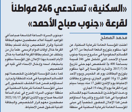 «السكنية» تستدعي 246 مواطناً لقرعة «جنوب صباح الأحمد»