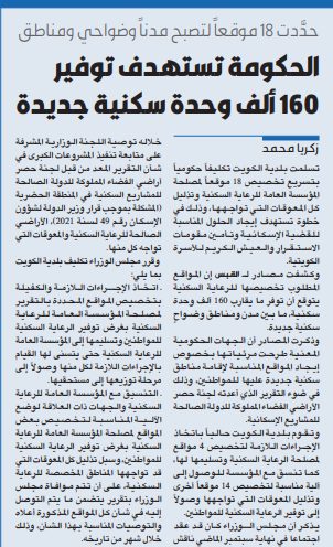الحكومة تستهدف توفير 160 ألف وحدة سكنية جديدة