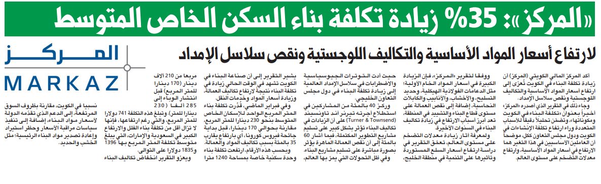 «المركز»: 35% زيادة تكلفة بناء السكن الخاص المتوسط
