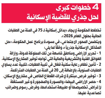 4 خطوات كبرى لحل جذري للقضية الإسكانية