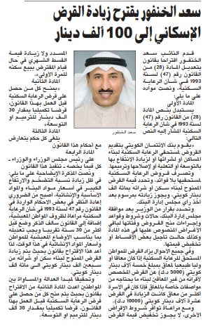سعد الخنفور يقترح زيادة القرض الإسكاني إلى 100 ألف دينار