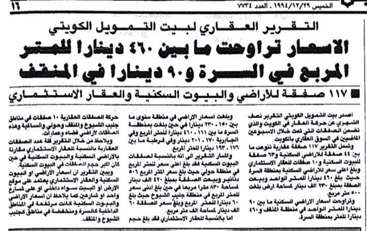 الاسعار ترواحت مابين 460 دينار للمتر المربع فى السرة و90 دينارا فى المنقف