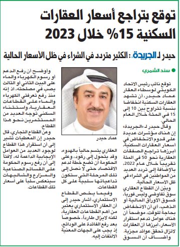توقع بتراجع أسعار العقارات السكنية 15% خلال 2023