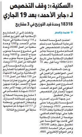 «السكنية»: وقف التخصيص ل «جابر الأحمد» بعد 19 الجاري