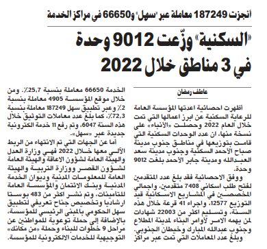 «السكنية» وزّعت 9012 وحدة في 3 مناطق خلال 2022