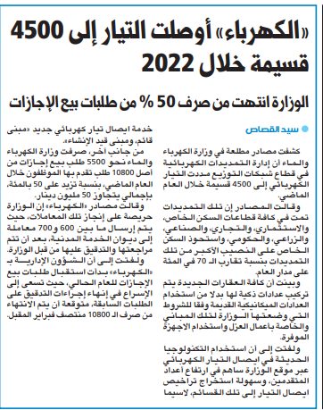 «الكهرباء» أوصلت التيار إلى 4500 قسيمة خلال 2022