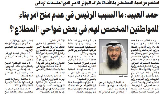 حمد العبيد: ما السبب الرئيس في عدم منح أمر بناء للمواطنين المخصص لهم في بعض ضواحي «المطلاع»؟