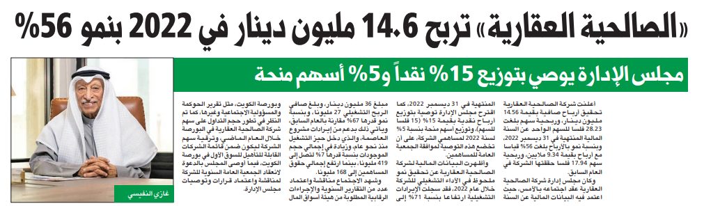 «الصالحية العقارية» تربح 14.6 مليون دينار في 2022 بنمو 56%