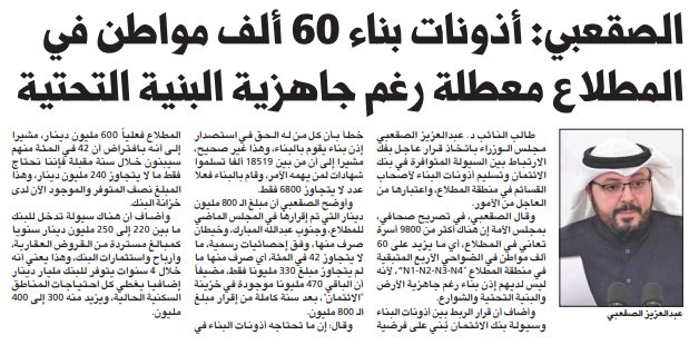 د. عبدالعزيز الصقعبي: أذونات بناء 60 ألف مواطن في المطلاع معطلة رغم جاهزية البنية التحتية