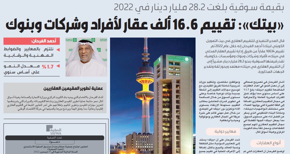 «بيتك»: تقييم 16.6 ألف عقار لأفراد وشركات وبنوك في 2022