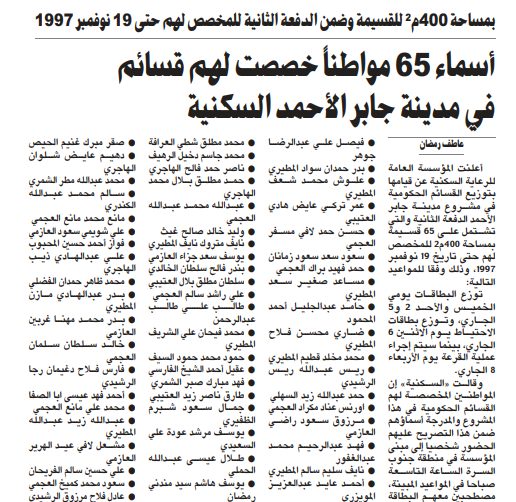 أسماء 65 مواطناً خصصت لهم قسائم في مدينة جابر الأحمد السكنية