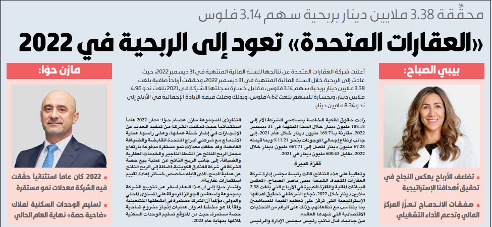 «العقارات المتحدة» تعود إلى الربحية في 2022