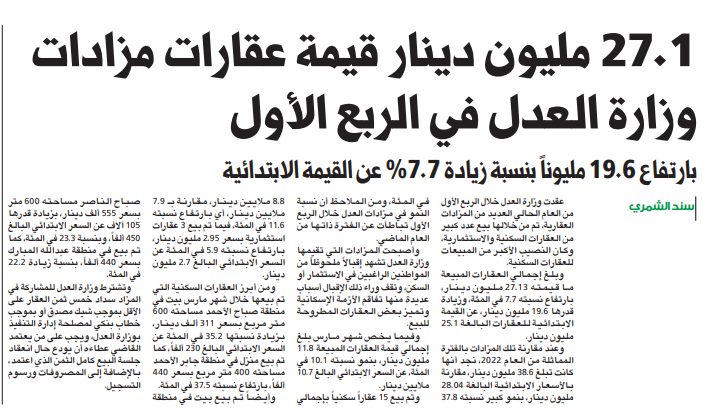 27.1 مليون دينار قيمة عقارات مزادات وزارة العدل في الربع الأول