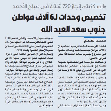 تخصيص وحدات لـ6 آلاف مواطن جنوب سعد العبد الله