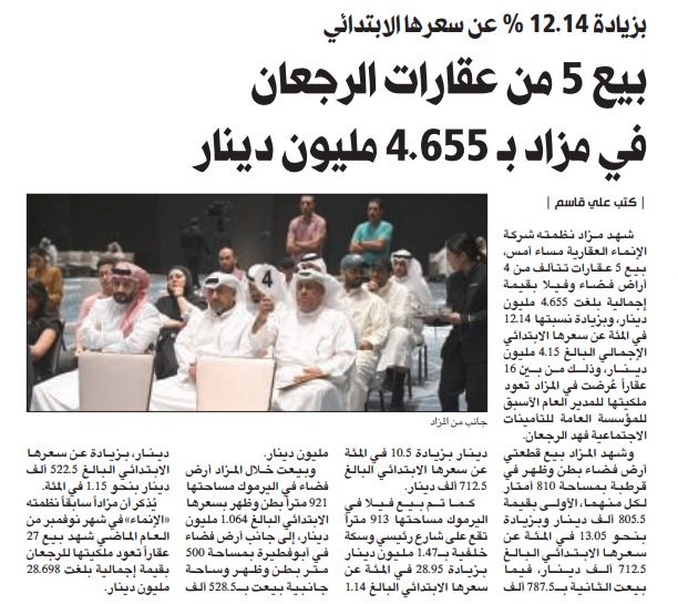 بيع 5 من عقارات الرجعان في مزاد بـ 4.655 مليون دينار
