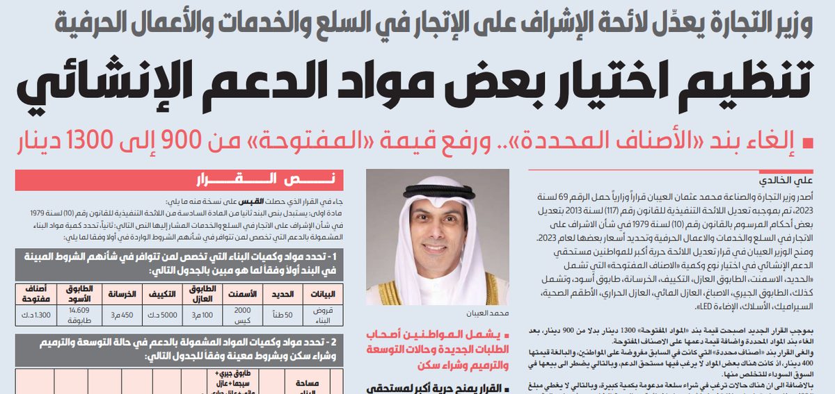 القبس تنشر قرار وزير التجارة والصناعة بشأن المواد المقدمة للدعم الإنشائي للمواطنين