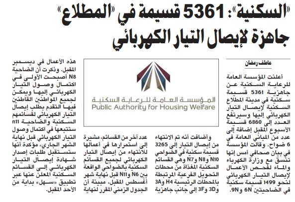 «السكنية»: 5361 قسيمة في «المطلاع» جاهزة لإيصال التيار الكهربائي