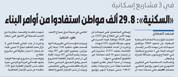 «السكنية»: 29.8 ألف مواطن استفادوا من أوامر البناء