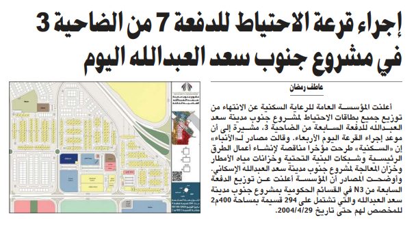 إجراء قرعة الاحتياط للدفعة 7 من الضاحية 3 في مشروع جنوب سعد العبدالله اليوم