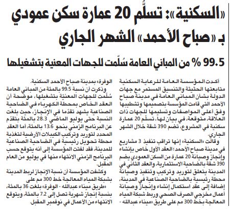 «السكنية»: تسلُّم 20 عمارة سكن عمودي بـ «صباح الأحمد» الشهر الجاري