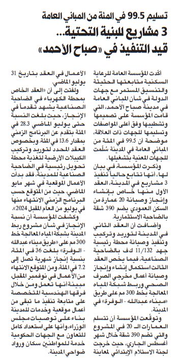 «السكنية»: 3 مشاريع للبنية التحتية قيد التنفيذ في مدينة صباح الأحمد